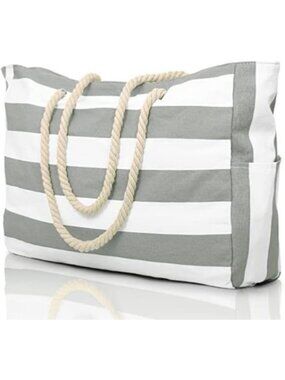 Large Capacity Waterproof Striped Canvas Beach Tote Bag With Rope Handle Gray